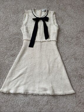 Necessary Objects Cream Tweed Sleeveless Mini Dress with Black Bow